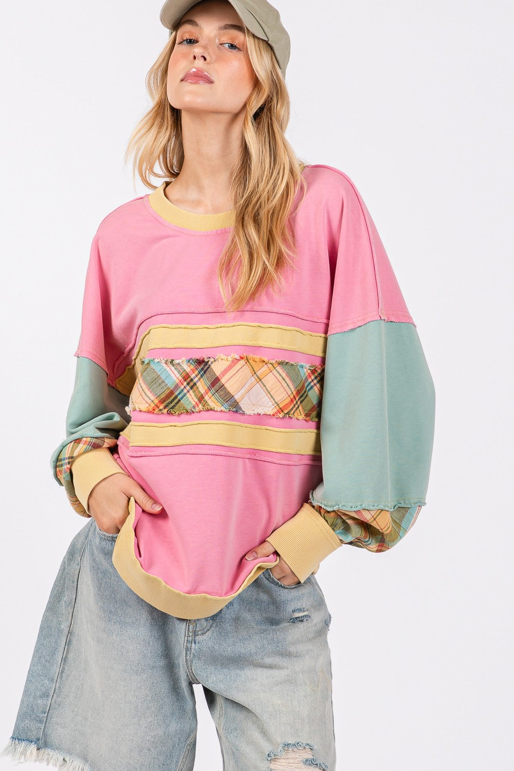 SAGE + FIG Mineral Wash Raw Edge Color Block Sweatshirt