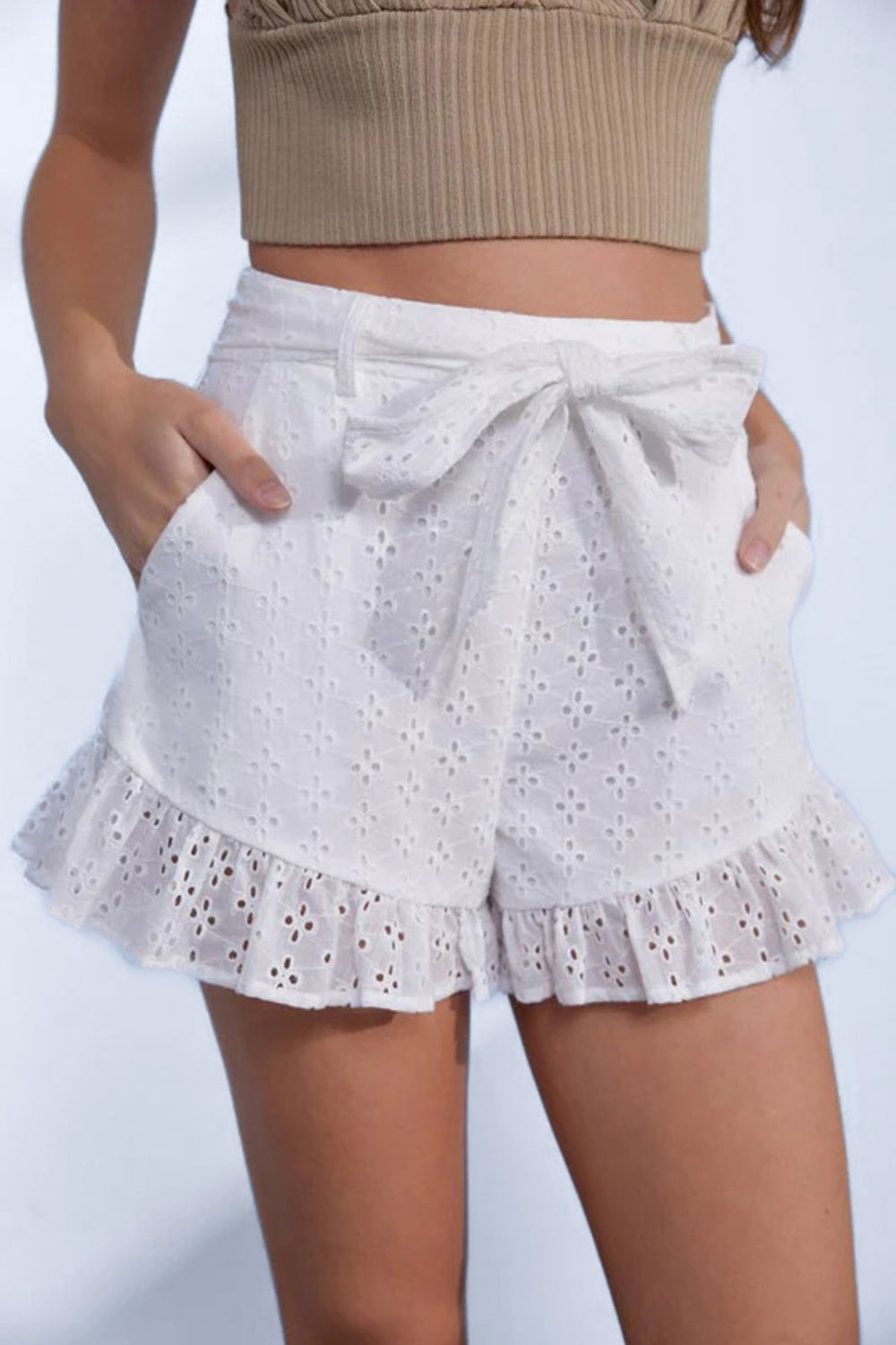 MUSTARD SEED High Waist Eyelet Floral Lace Belted Shorts