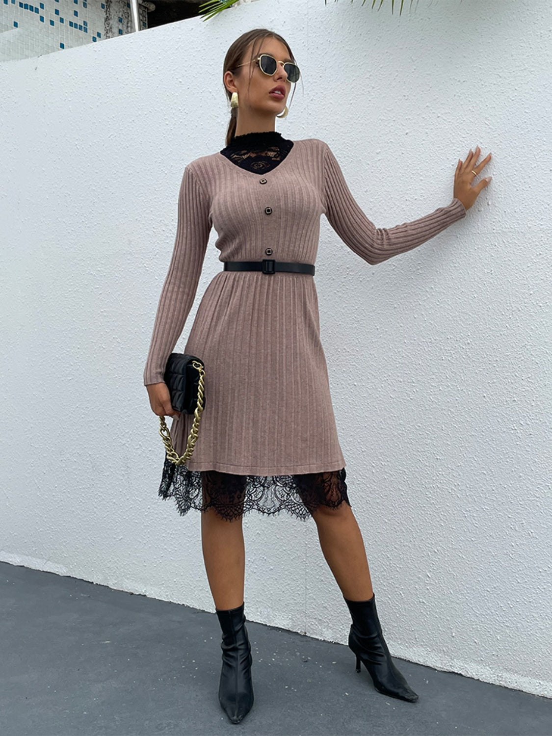 Lace Detail Decorative Button Long Sleeve Sweater Dress