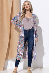 And The Why Printed Kimono Open Front Longline Cardigan