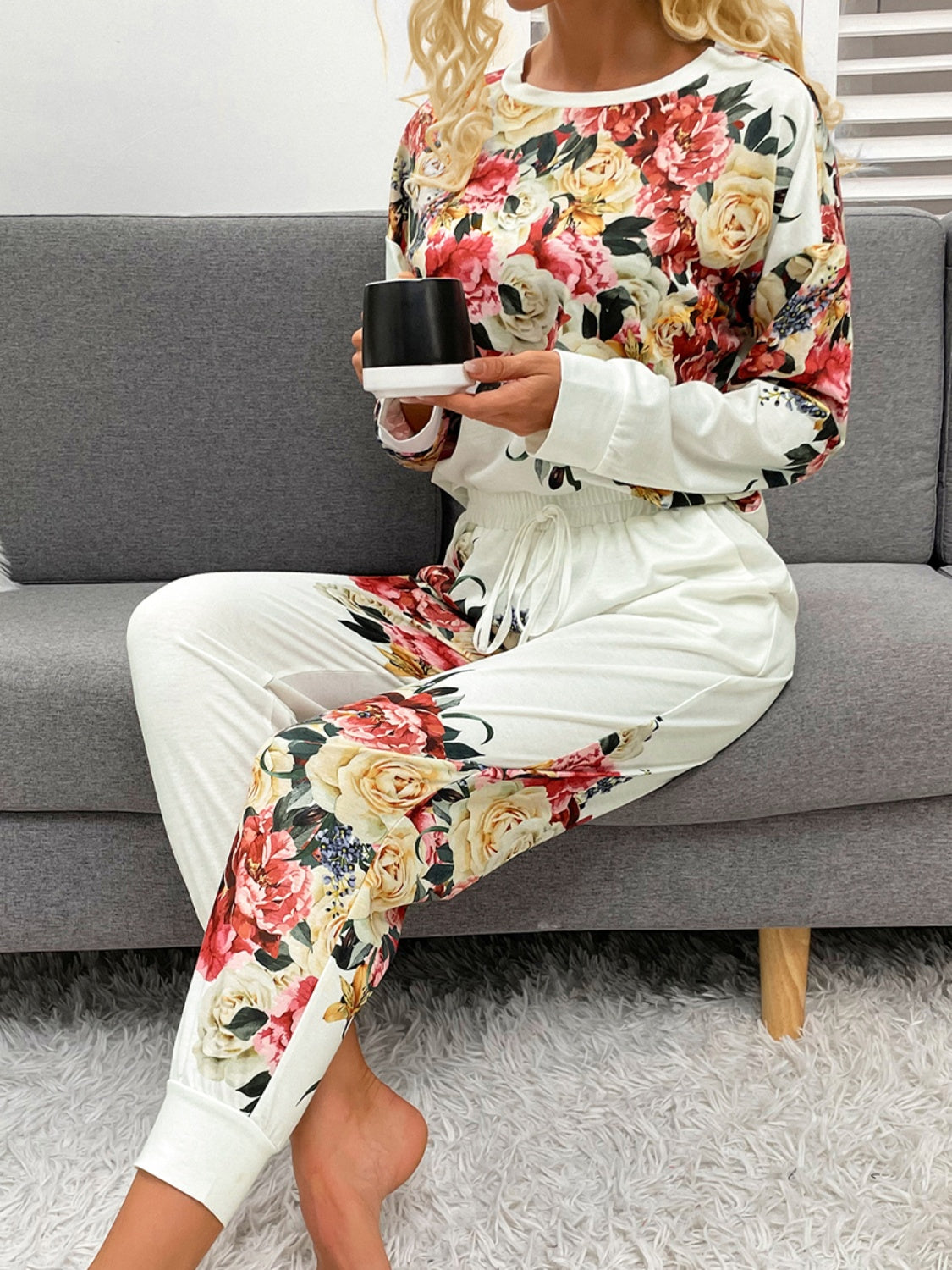 Printed Round Neck Top and Pants Lounge Set