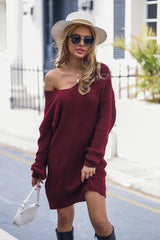 V-Neck Long Sleeve Mini Sweater Dress