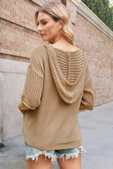 Openwork Drawstring Hooded Half Sleeve Knit Top