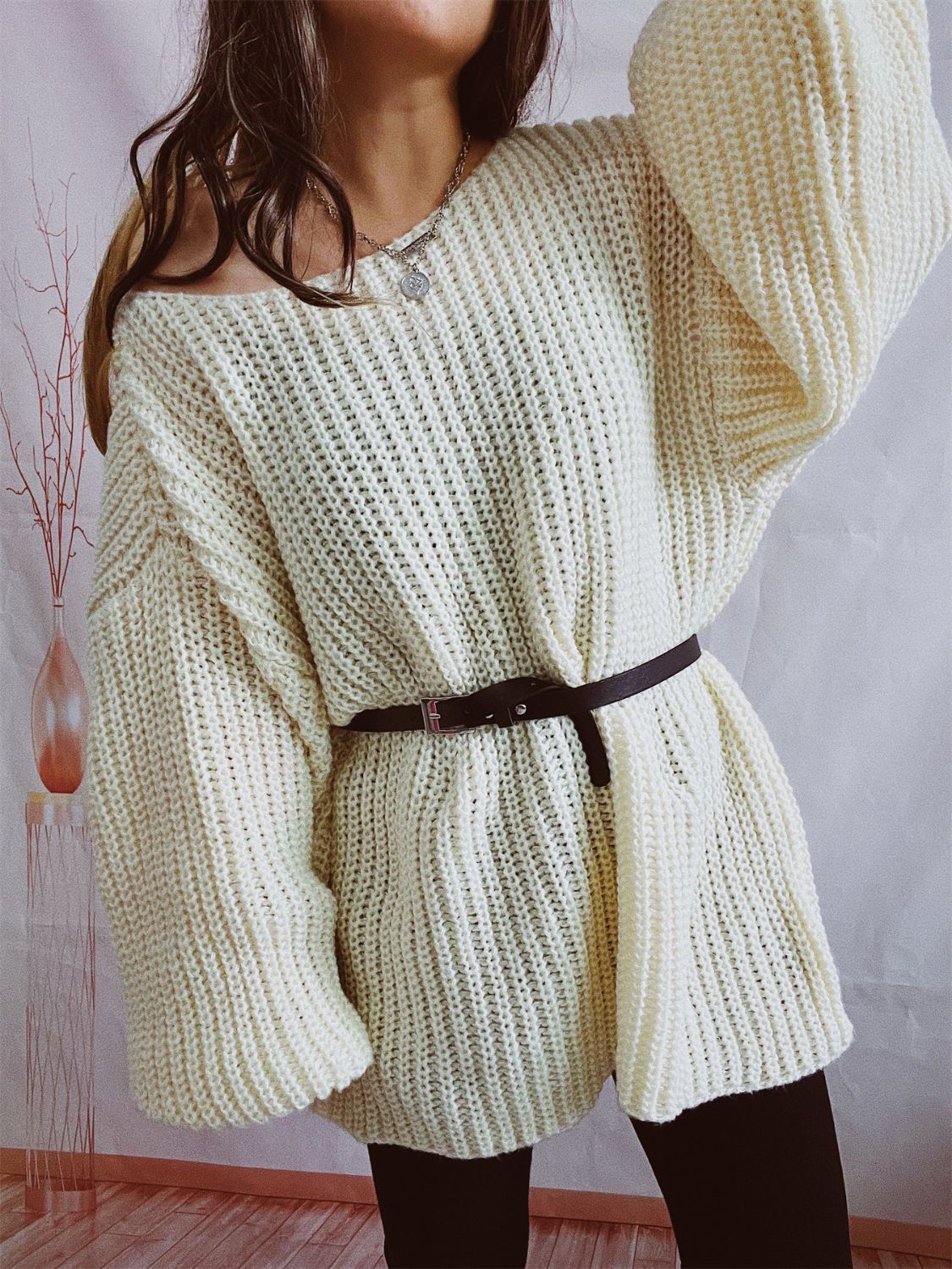 Boat Neck Long Sleeve Sweater with Belt