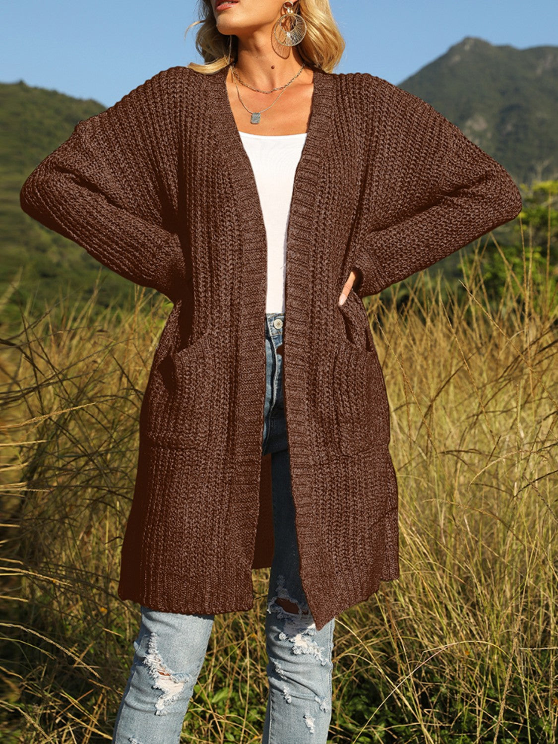 Open Front Long Sleeve Cardigan with Pockets