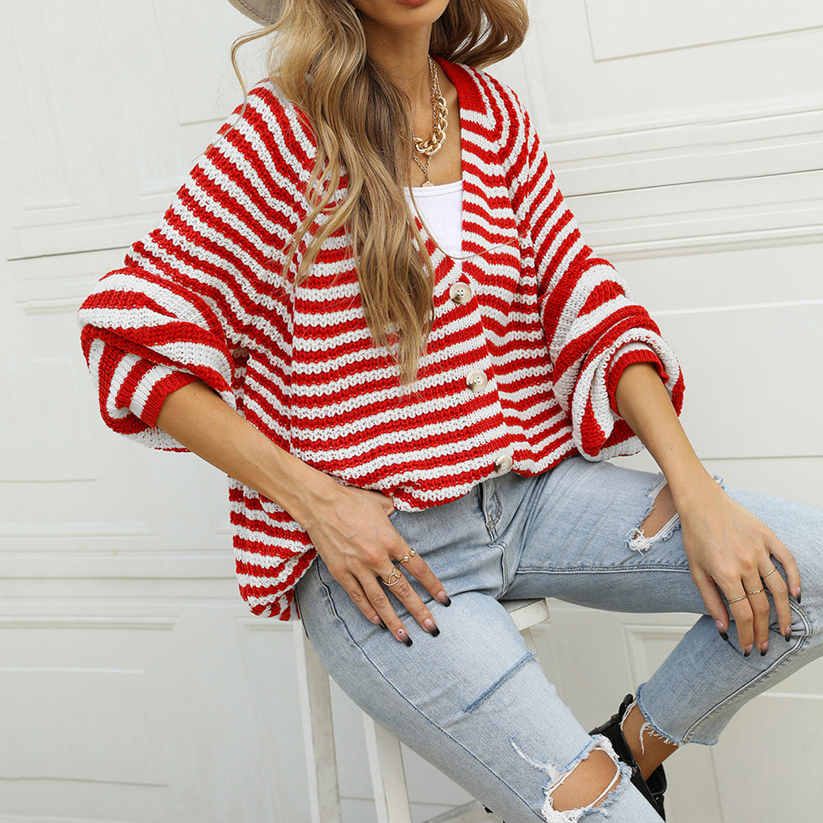 Striped Button Down Long Sleeve Cardigan