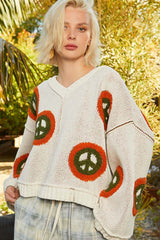 POL V Neck Long Sleeve Peace Pattern Sweater