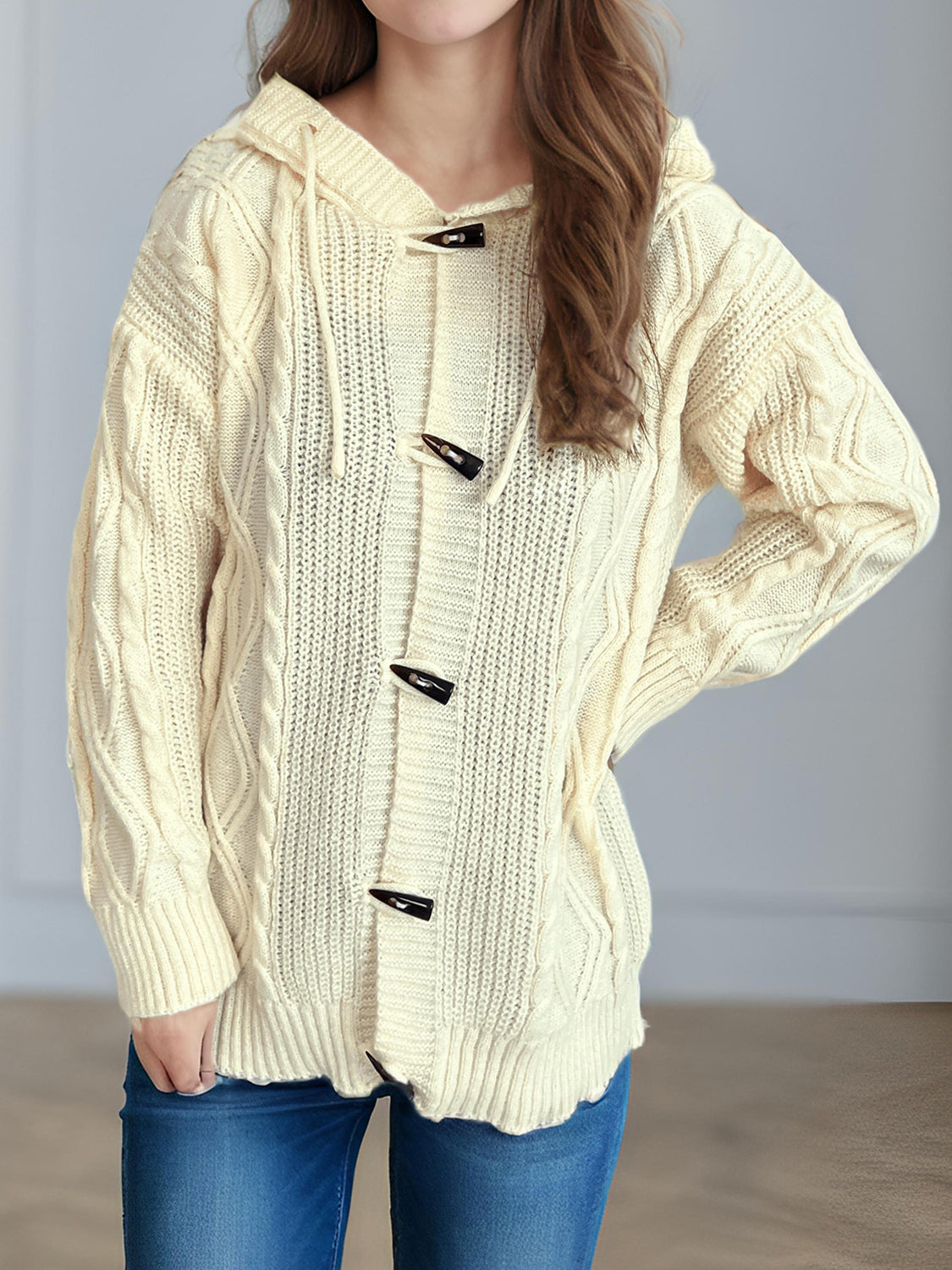 Cable-Knit Long Sleeve Hooded Cardigan