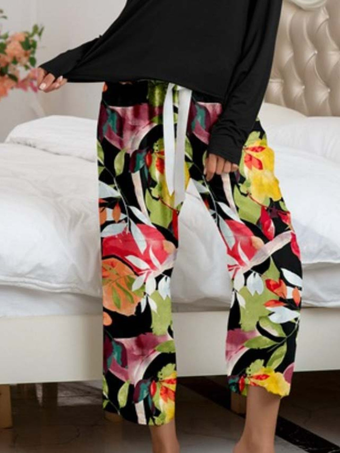 Round Neck Top and Printed Pants Lounge Set