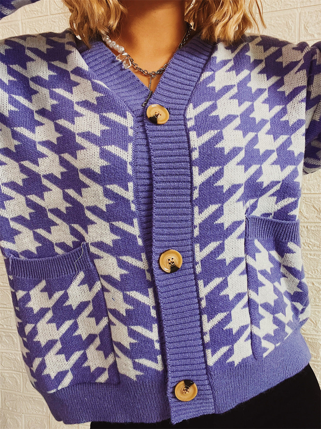 Houndstooth Botton Front  Cardigan with Pockets