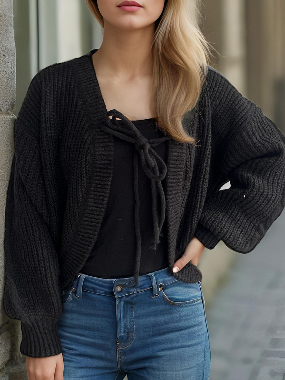 Tied Dropped Shoulder Long Sleeve Cardigan