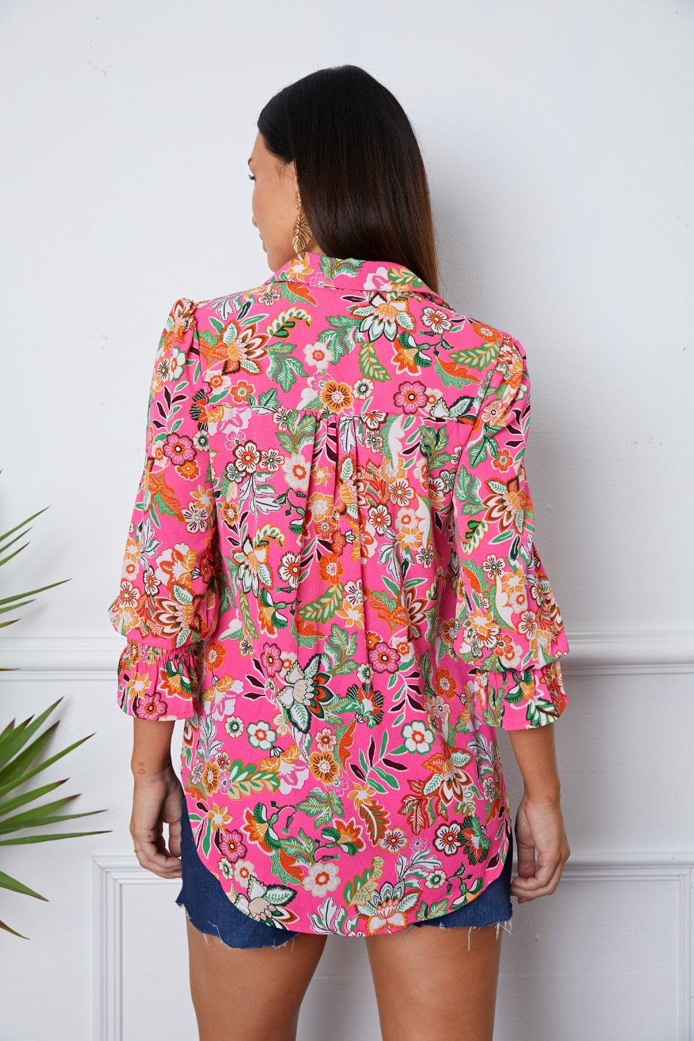 Floral Button Up Flounce Sleeve Shirt