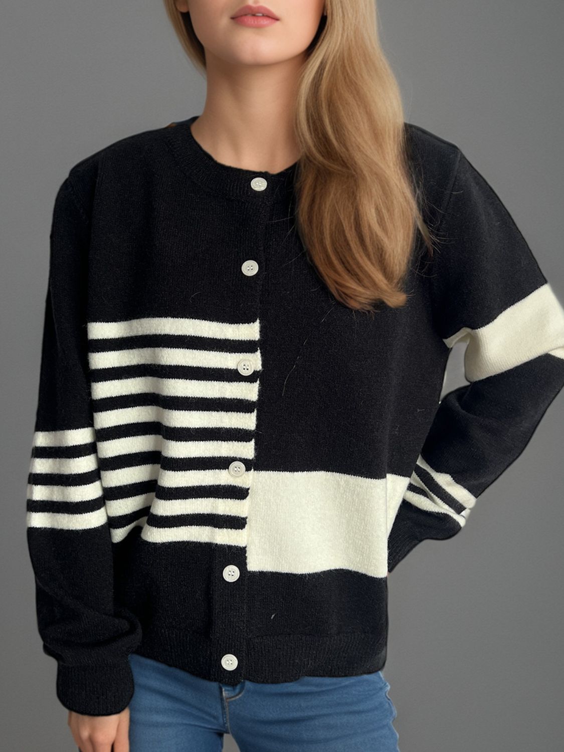 Striped Color Block Round Neck Cardigan