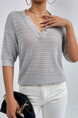 Openwork Half Button Dropped Shoulder Knit Top