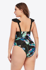 Plus Size Printed Ruffled Deep V One-Piece Swimsuit