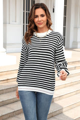 Striped Round Neck Dropped Shoulder Sweater