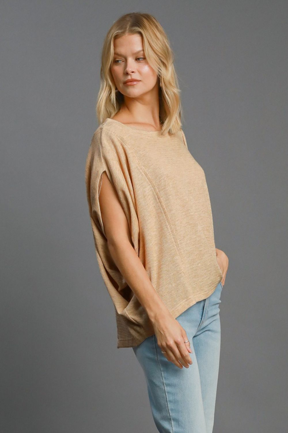 Umgee Exposed Seam Round Neck Batwing Sleeve Knit Top