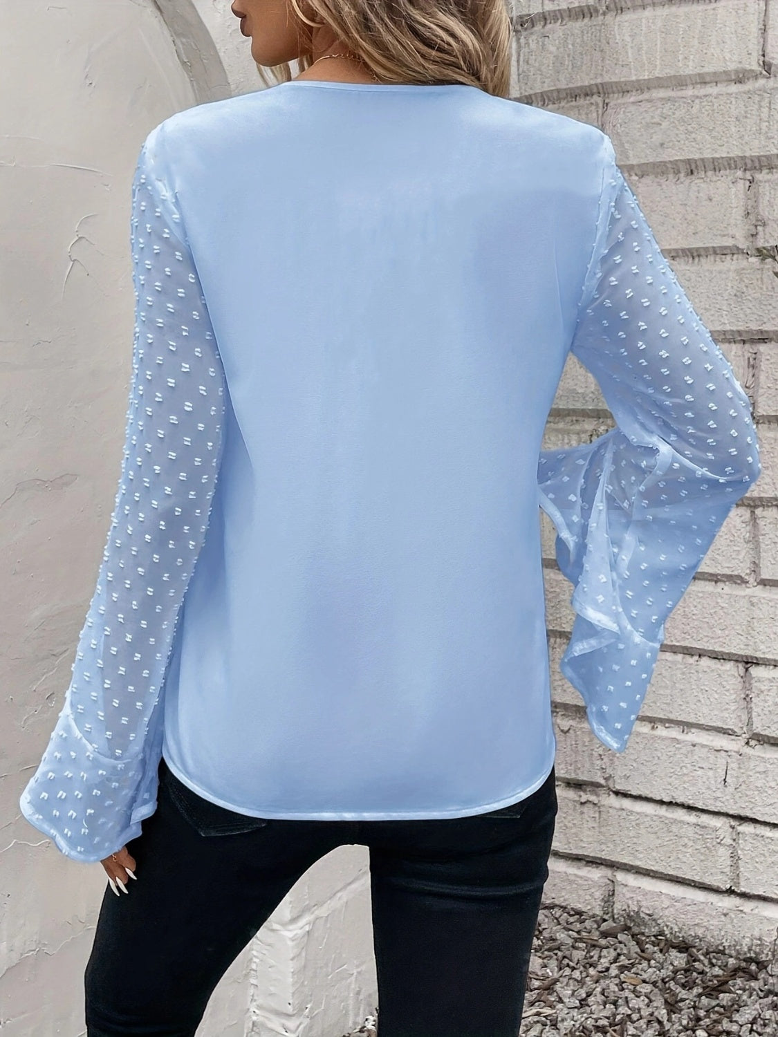 Swiss Dot V-Neck Flounce Sleeve Blouse