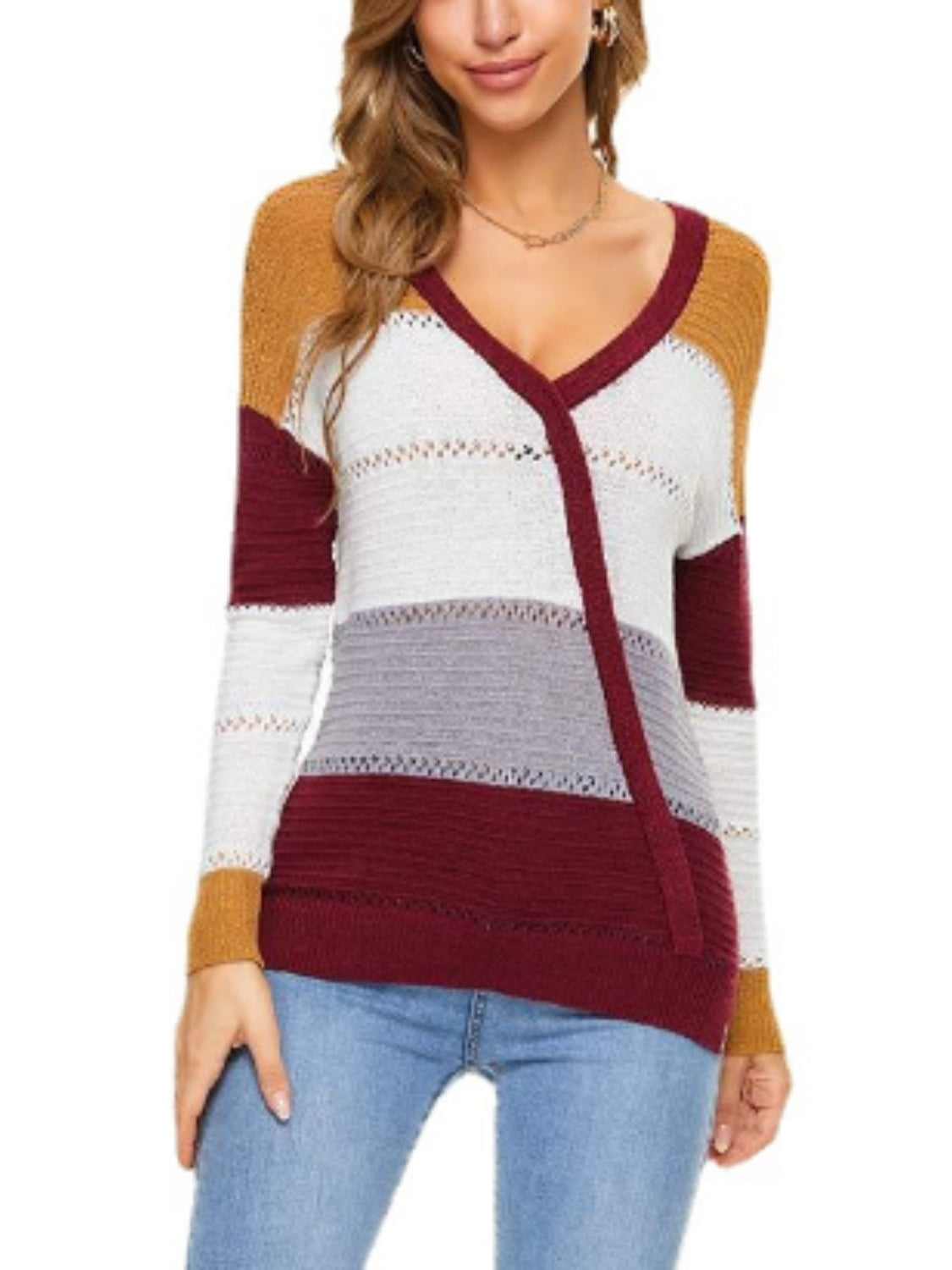 Eyelet Surplice Dropped Shoulder Sweater