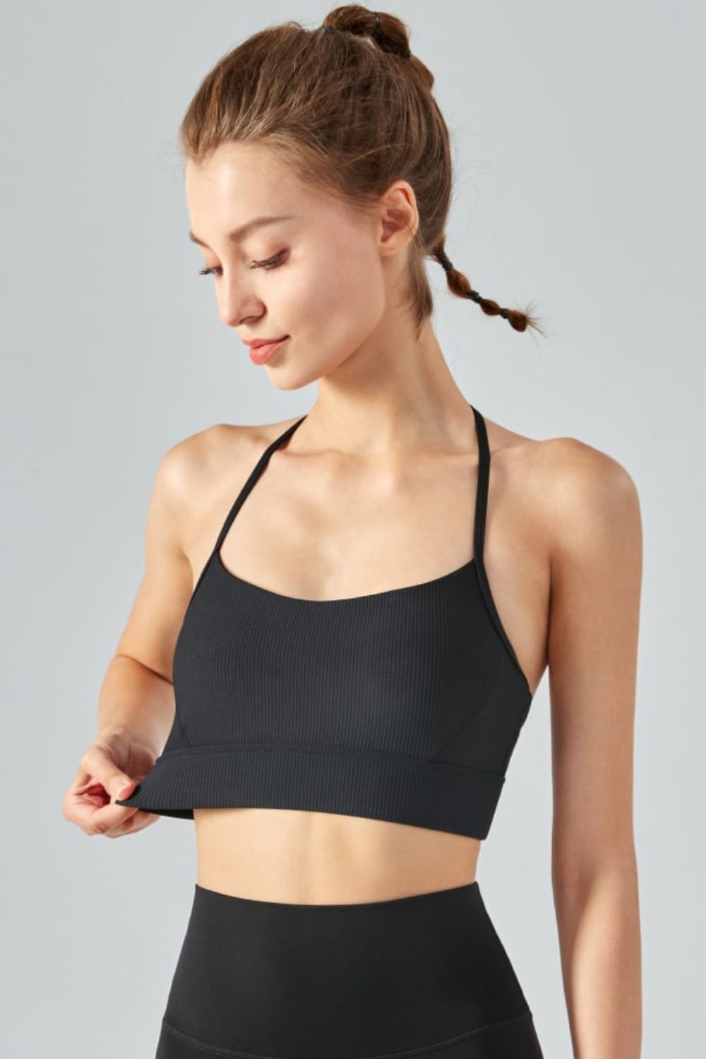 Ribbed Halter Neck Open Back Cropped Sports Cami