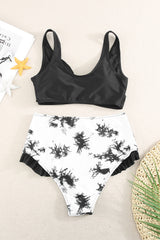 Two-Tone Crisscross Frill Trim Two-Piece Swimsuit