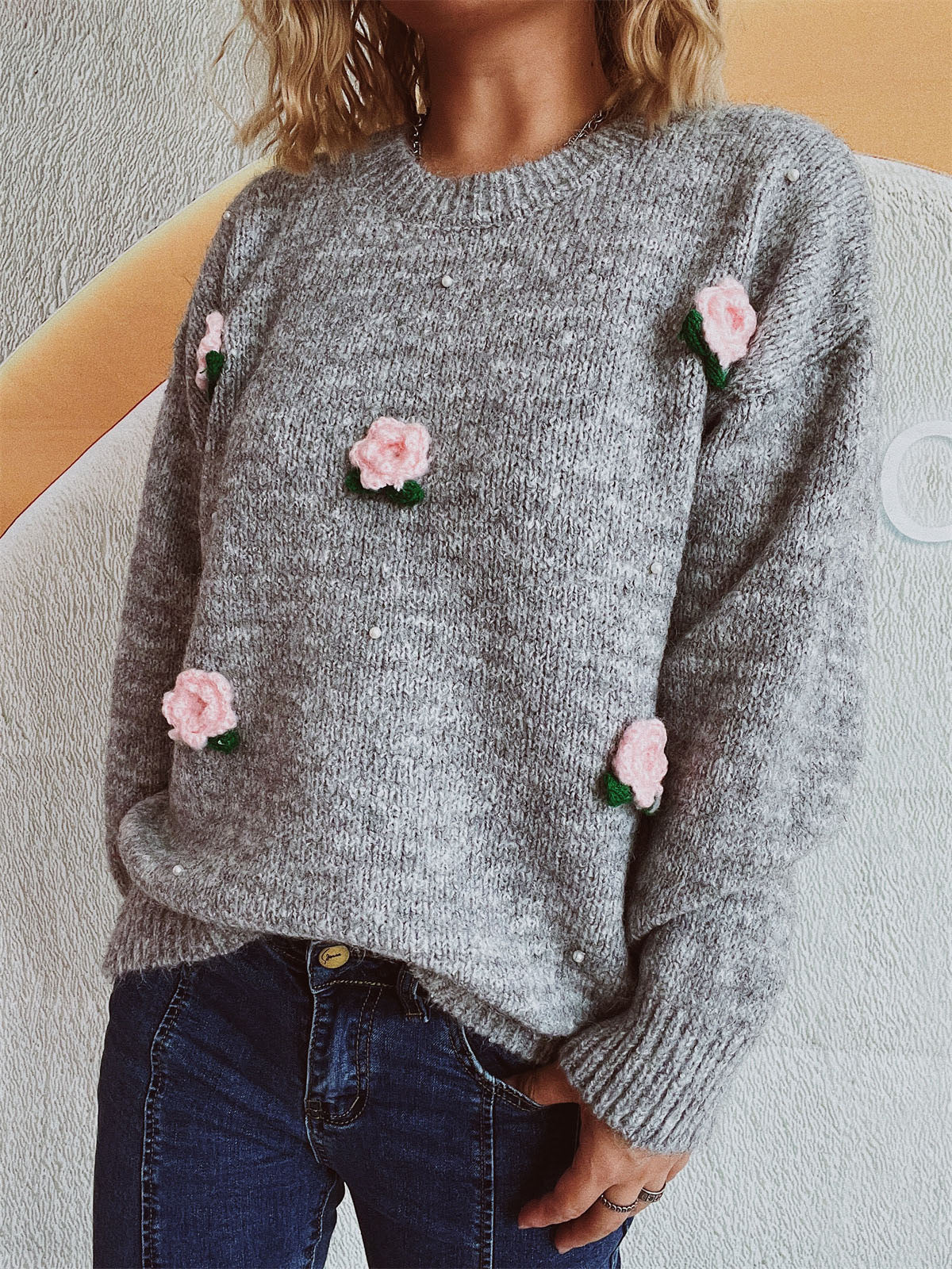 Flower Round Neck Long Sleeve Sweater