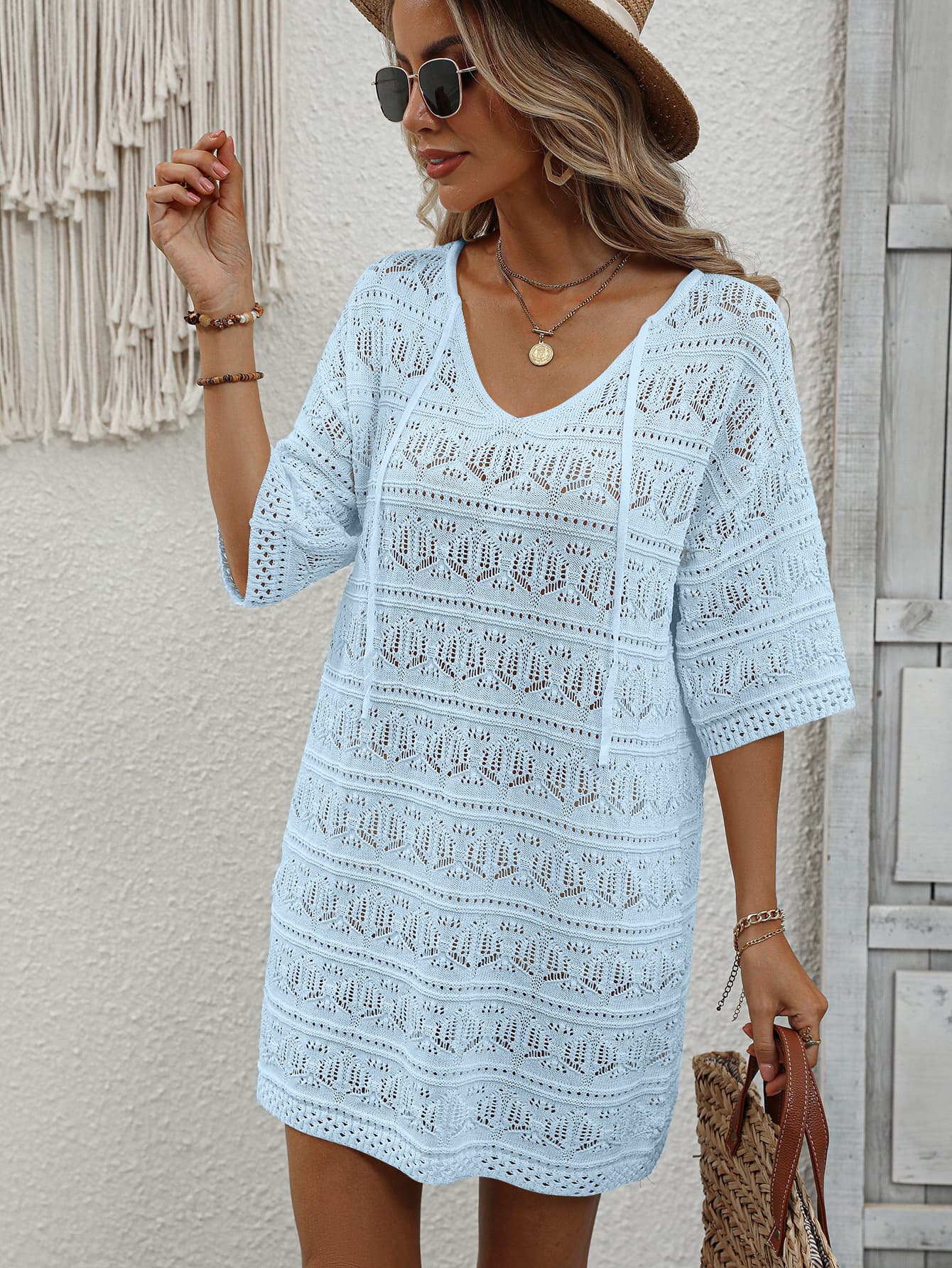 Openwork V-Neck Mini Knit Dress