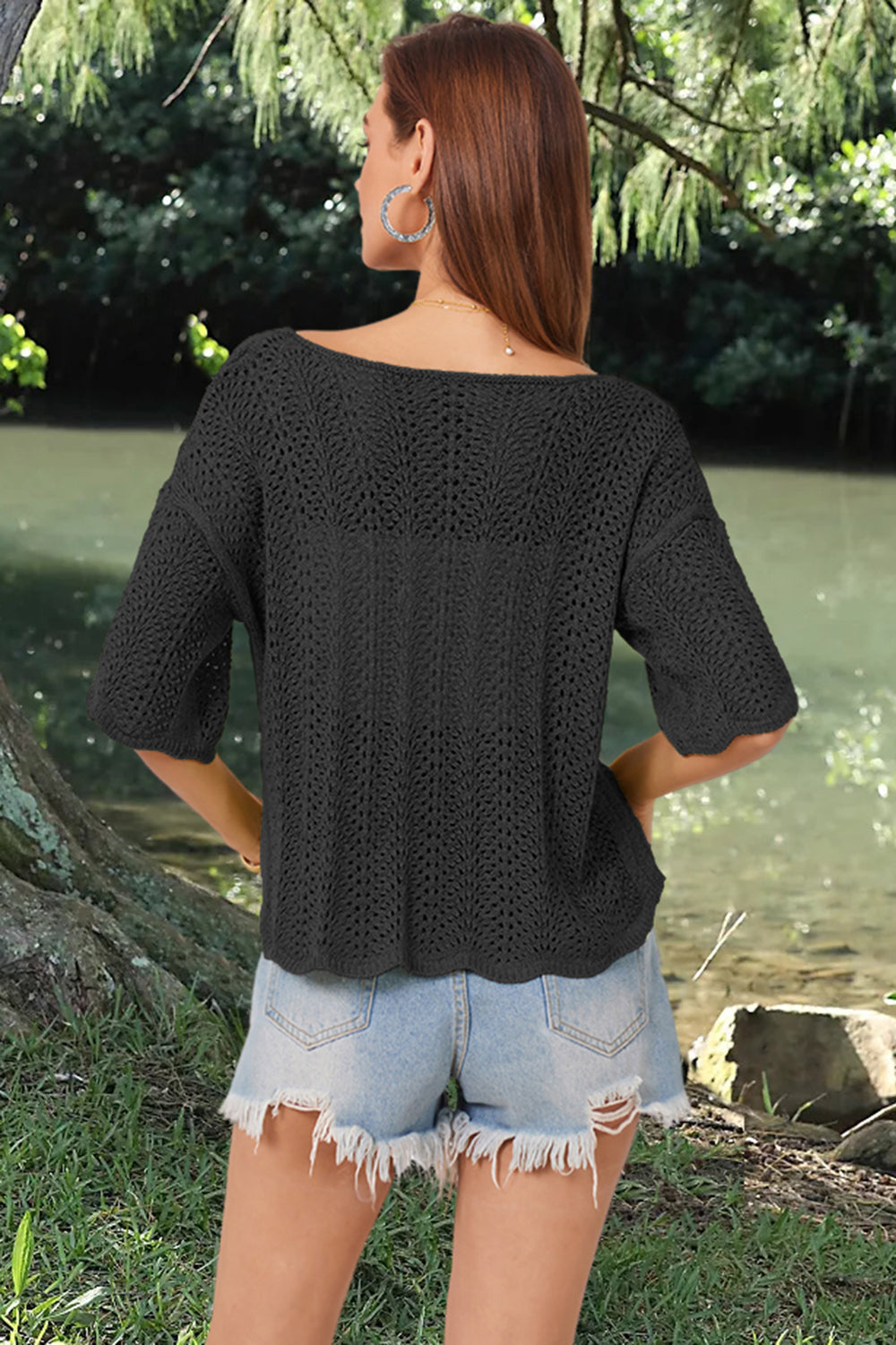 Openwork Round Neck Half Sleeve Knit Top