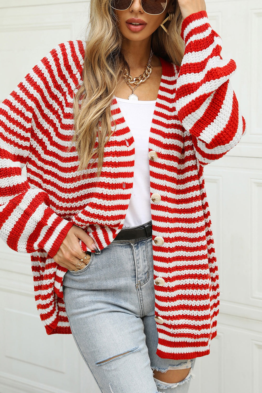 Striped Button Up Long Sleeve Cardigan