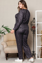 Plus Size Leopard Print V-Neck and Slim Fit Pants Lounge Set