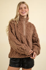 VERY J Fuzzy Fleece Half Zip Cable Pattern Sweatshirt