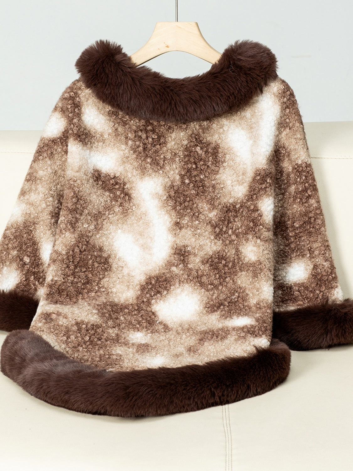 Furry Contrast Three-Quarter Poncho