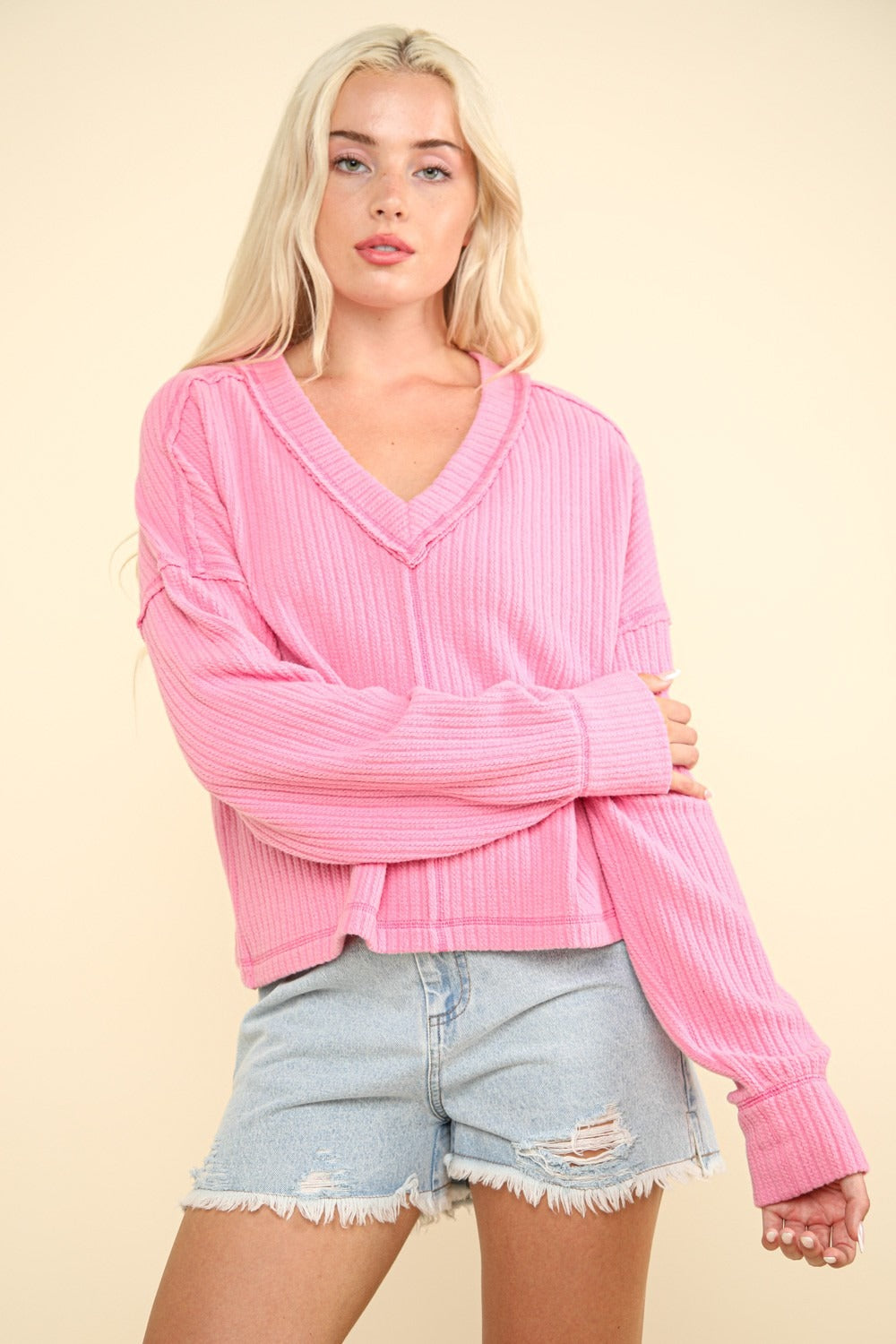 VERY J Exposed Seam V-Neck Ribbed Knit Top