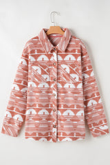 Plus Size Pocketed Printed Collared Neck Jacket