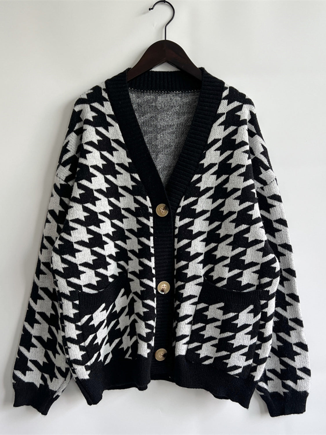 Houndstooth Botton Front  Cardigan with Pockets