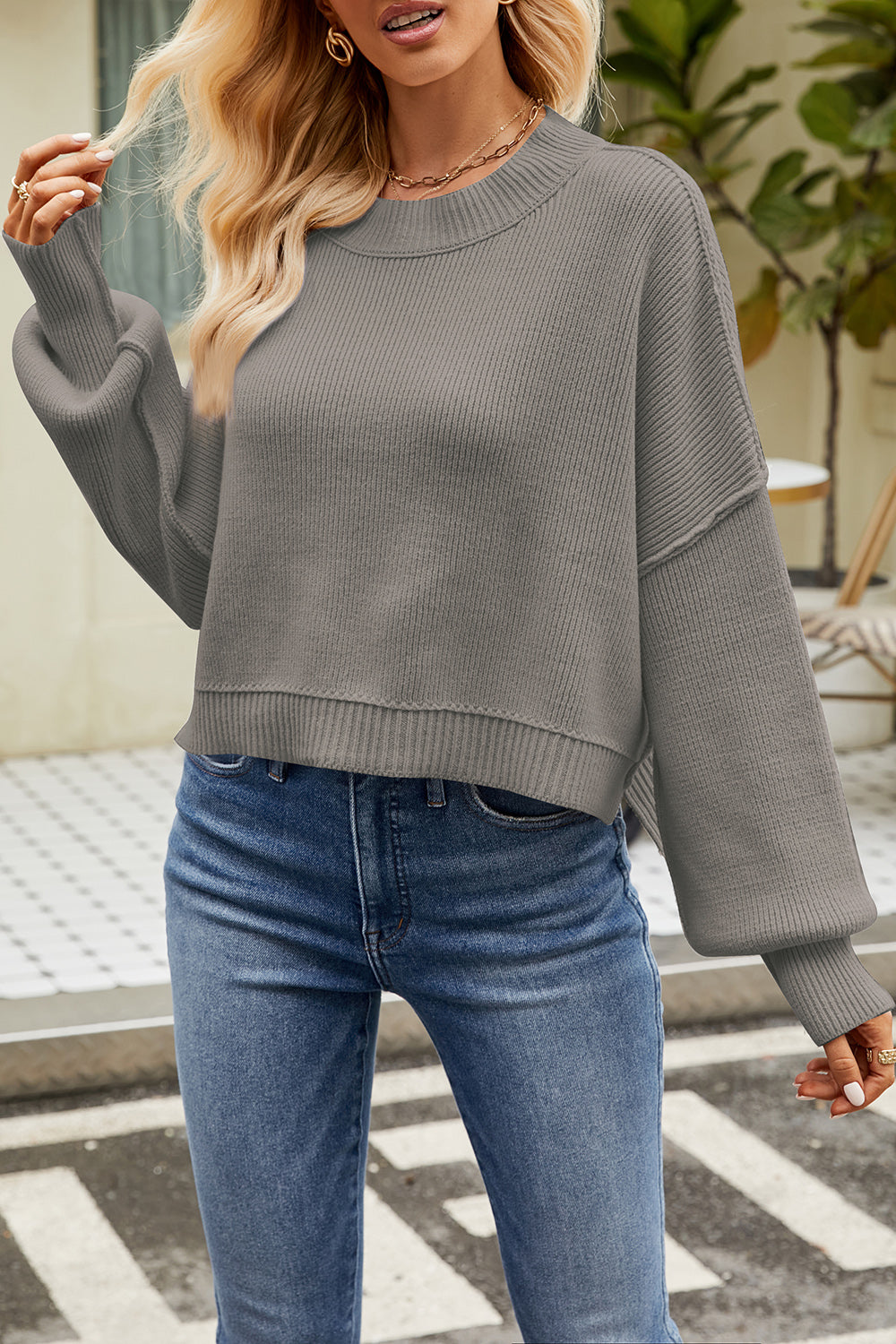 Round Neck Dropped Shoulder Sweater