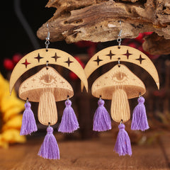 Moon & Mushroom Tassel Detail Dangle Earrings