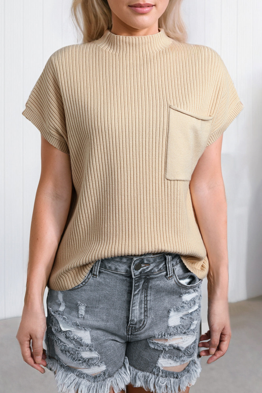 Ribbed Mock Neck Short Sleeve Knit Top