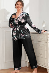 Plus Size Floral Belted Robe and Pants Pajama Set