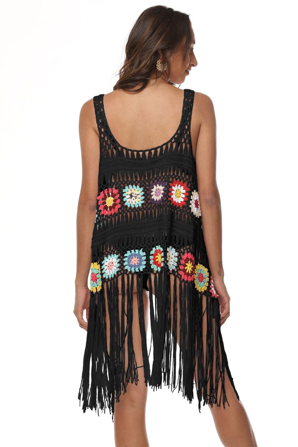 Openwork Fringe Detail Embroidery Sleeveless Cover-Up