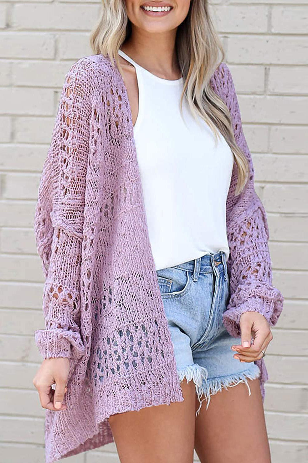 Openwork Open Front Long Sleeve Cardigan