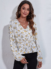 Floral V-Neck Balloon Sleeve Peplum Blouse