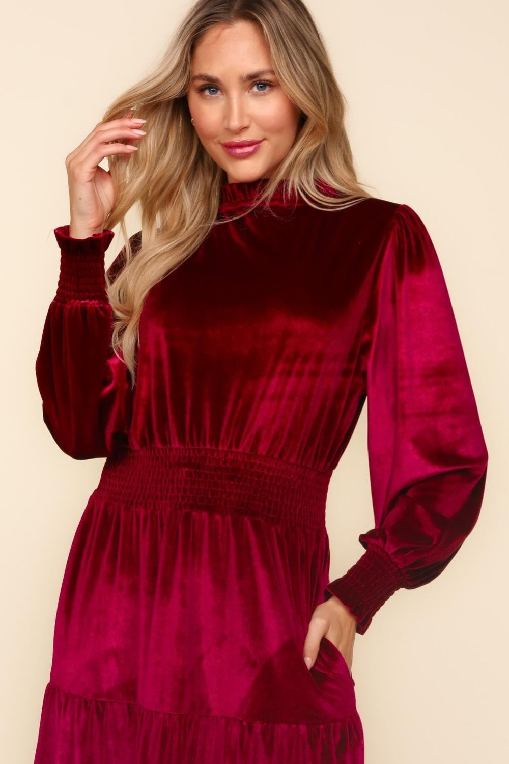 Haptics Mock Neck Smocked Waist Velvet Tiered Dress