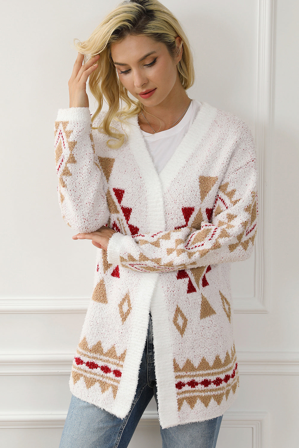 Geometric Open Front Long Sleeve Cardigan