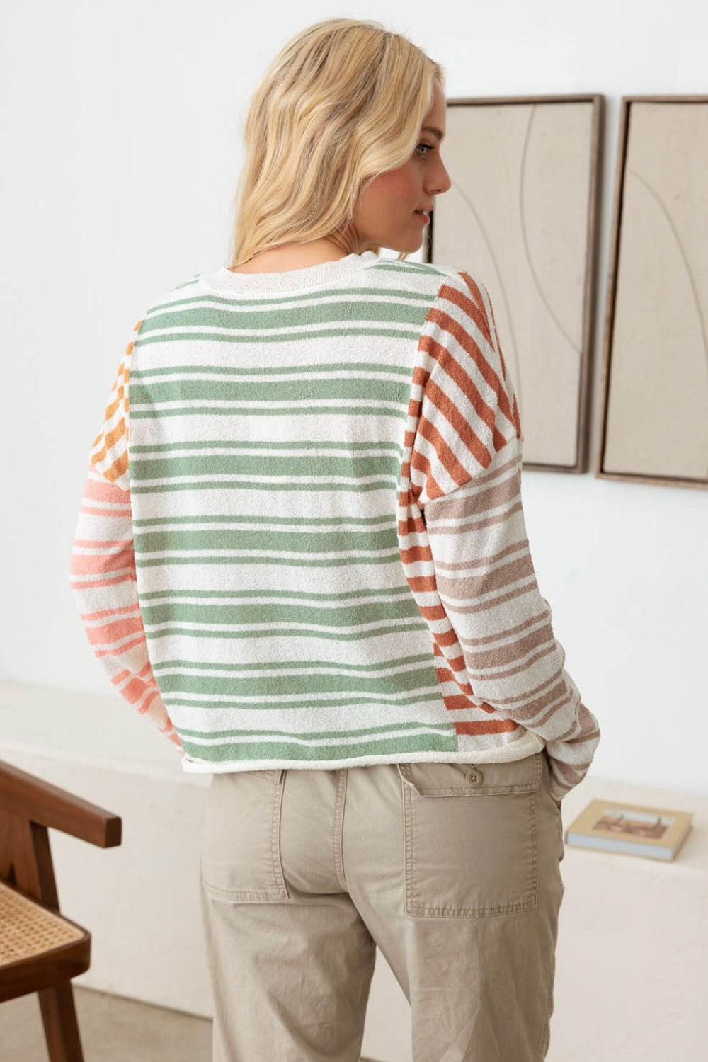 Tasha Apparel Color Block Stripe Long Sleeve Relaxed Knit Top