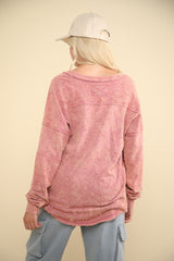 VERY J Washed V-Neck Exposed Seam Knit Top