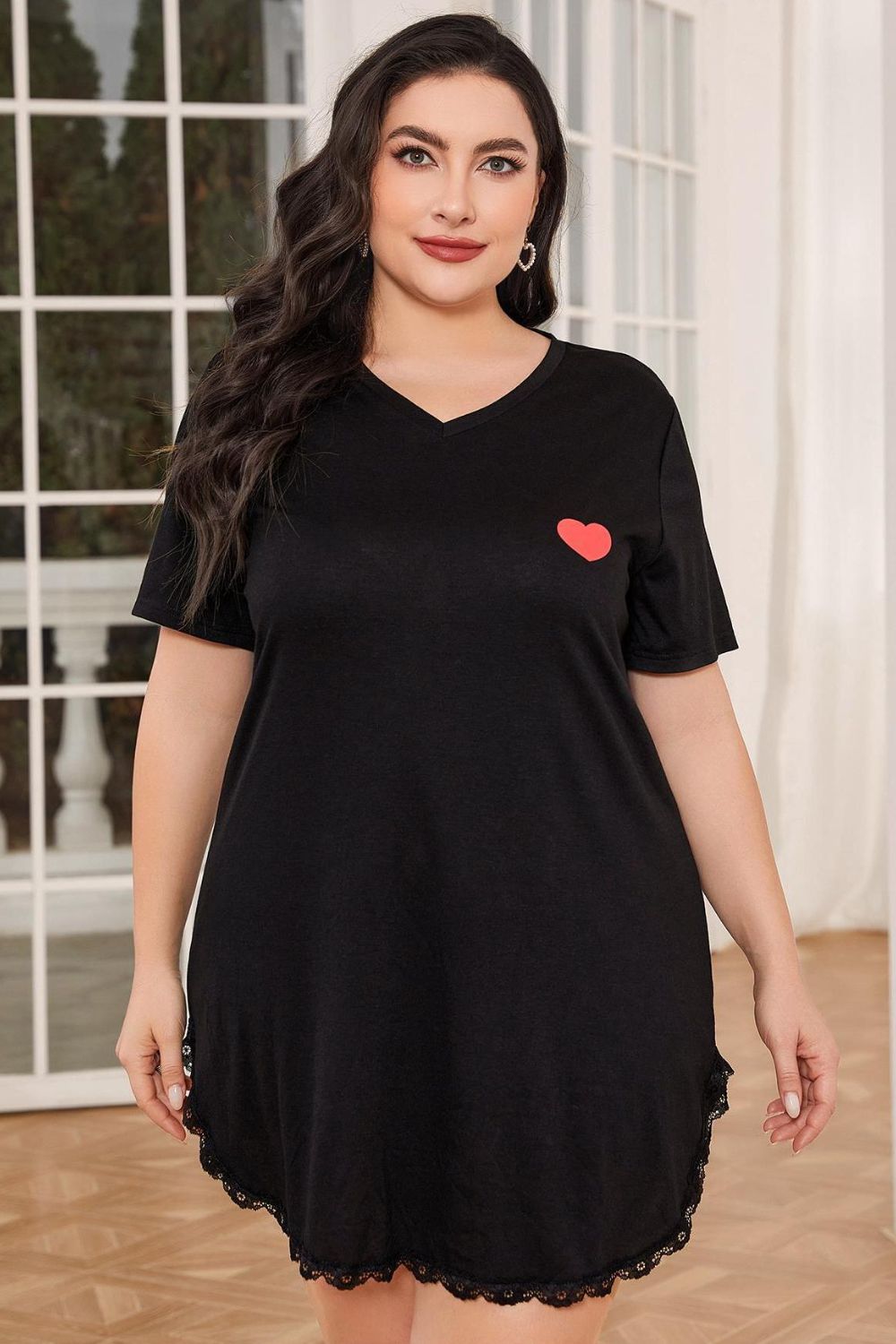 Plus Size Lace Trim V-Neck Short Sleeve Night Dress