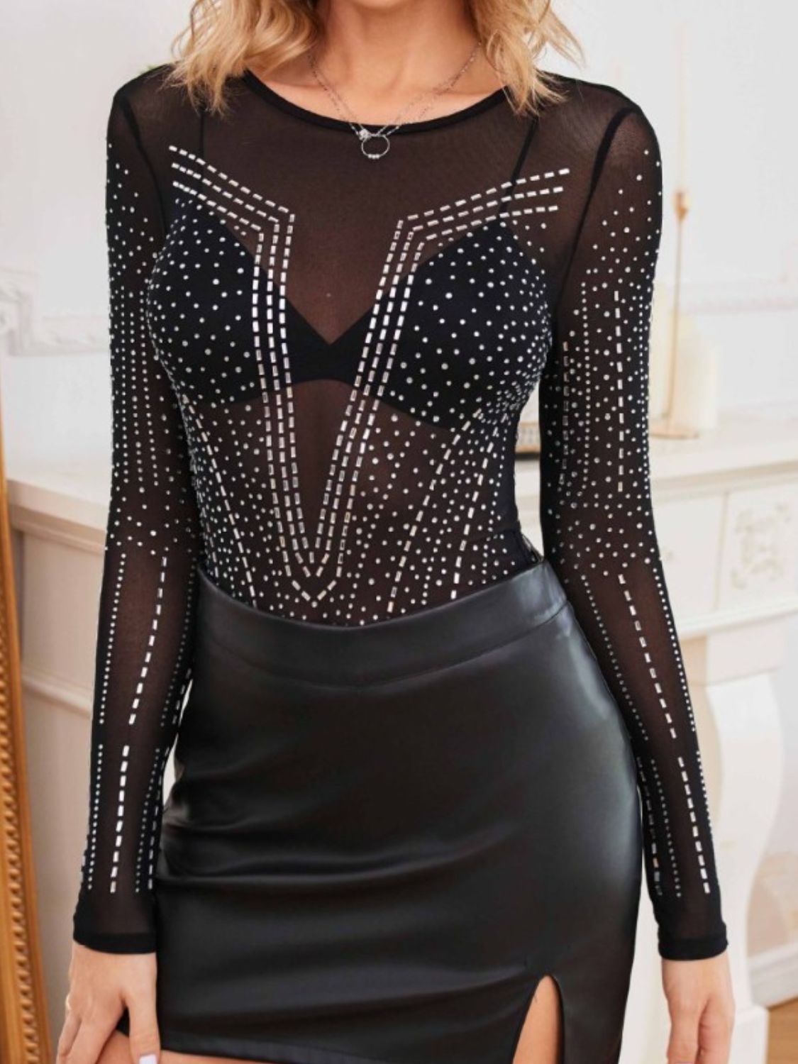 Rhinestone Mesh See-Through Long Sleeve Bodysuit