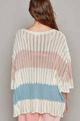 POL V-Neck Short Sleeve Stripe Weave Sweater