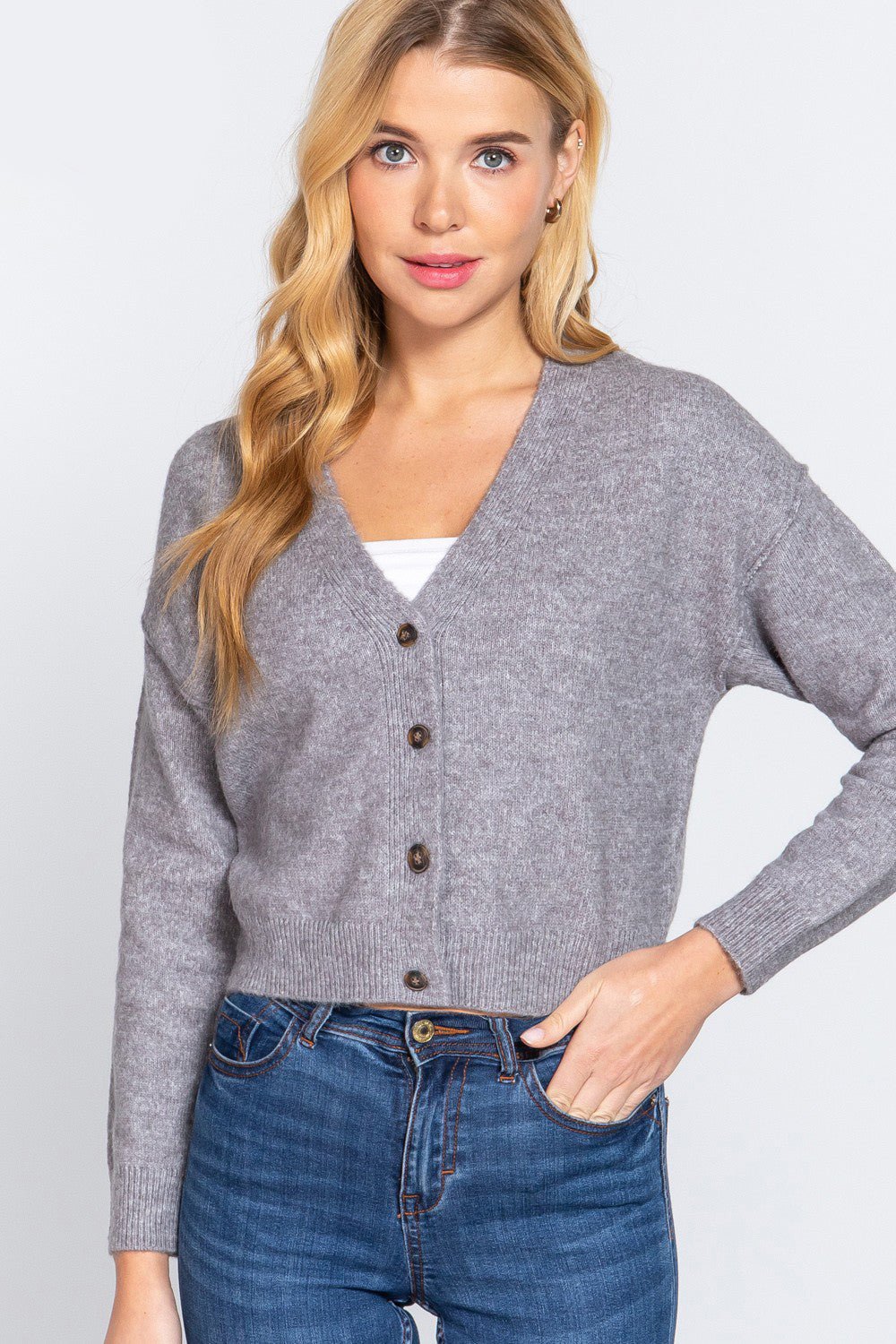 ACTIVE BASIC V - Neck Button Up Long Sleeve Knit Cardigan - Admiresty